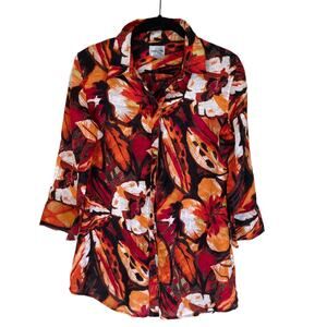Chico’s Bold Orange Floral Print Linen Blouse Size Small